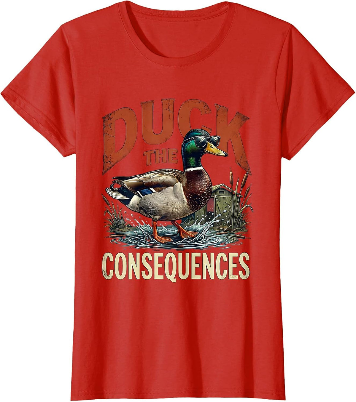 Duck The Consequences Distressed Duck Hunter Humor Gift T-Shirt - Red