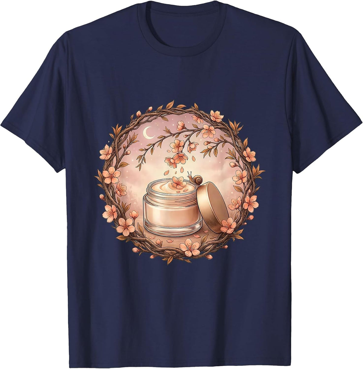 K-Beauty Peach Blossom Moisturizer Skincare Art T-Shirt - Navy Blue