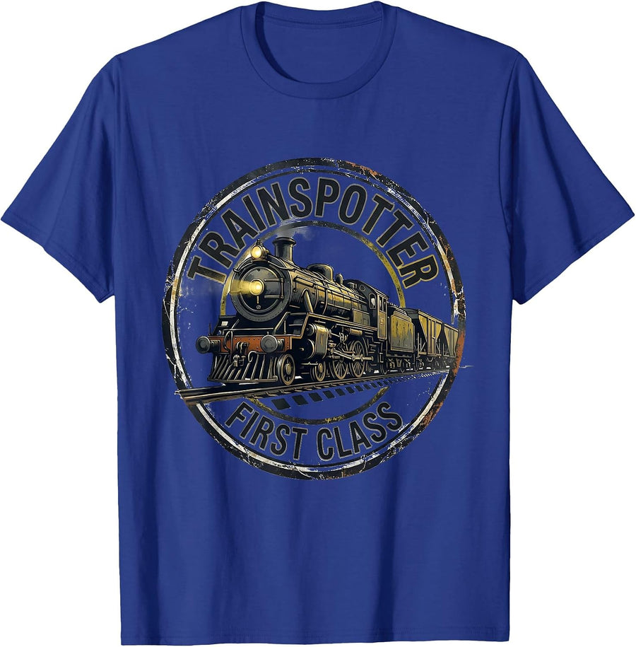 Trainspotter First Class Distressed Steam Locomotive Train T-Shirt - Royal Blue