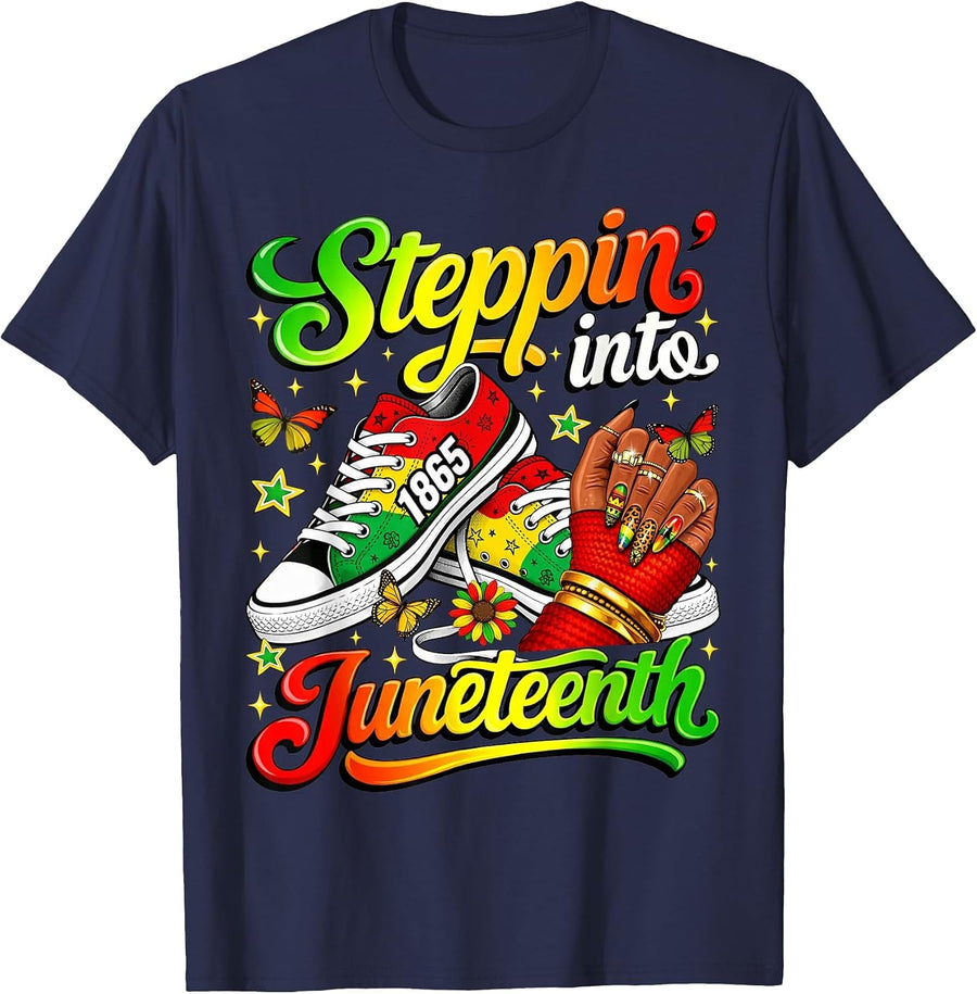 Stepping Into Juneteenth 1865 Black Afro Sneakers Girl Women T-Shirt - Navy Blue