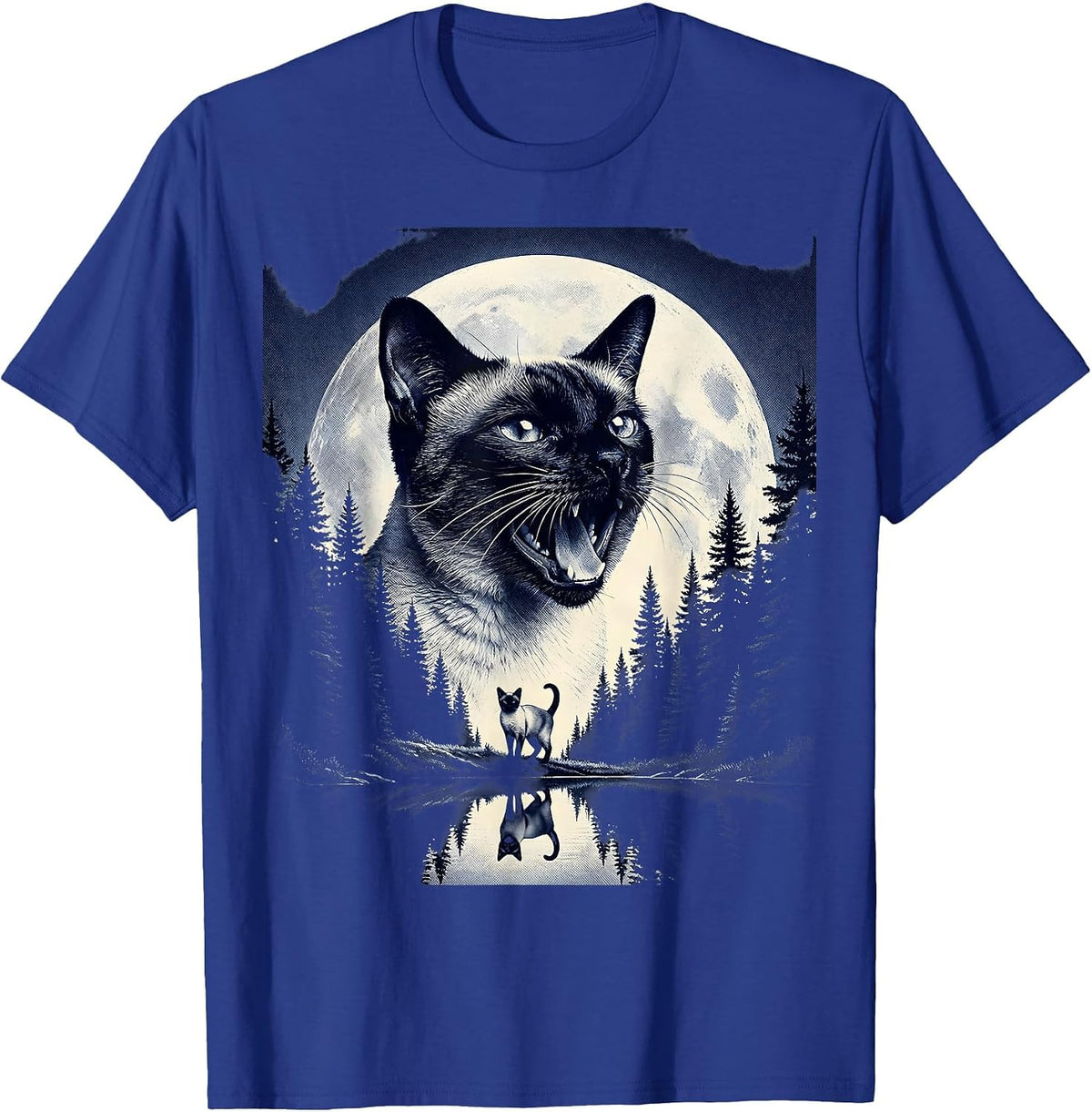 Men's Siamese Cat Howling at Moon 90's Retro Nature Art T-Shirt - Royal Blue