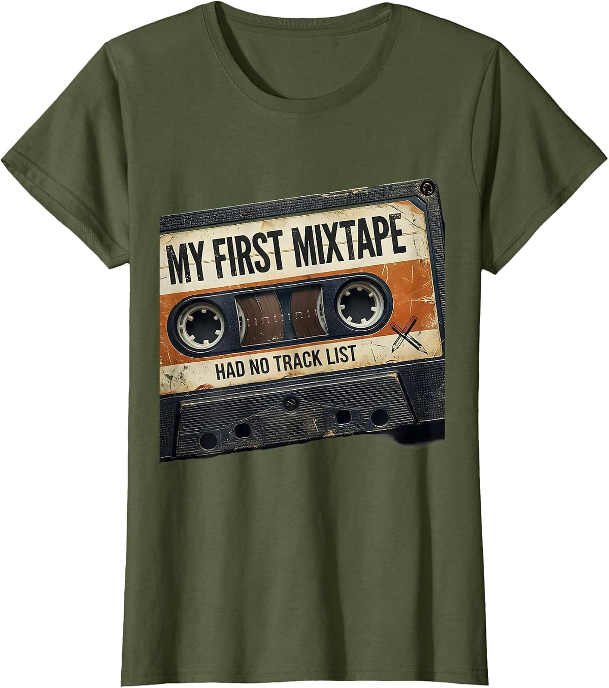 Women's My First Mixtape Had No Track List Distressed Retro Hip Hop T-Shirt - Olive Green