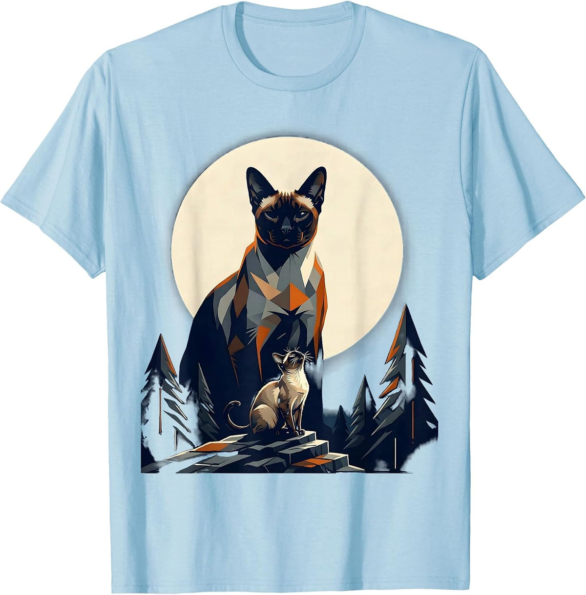 Men's Siamese Cat Howling at Moon Fantasy Nostalgia T-Shirt - Baby Blue