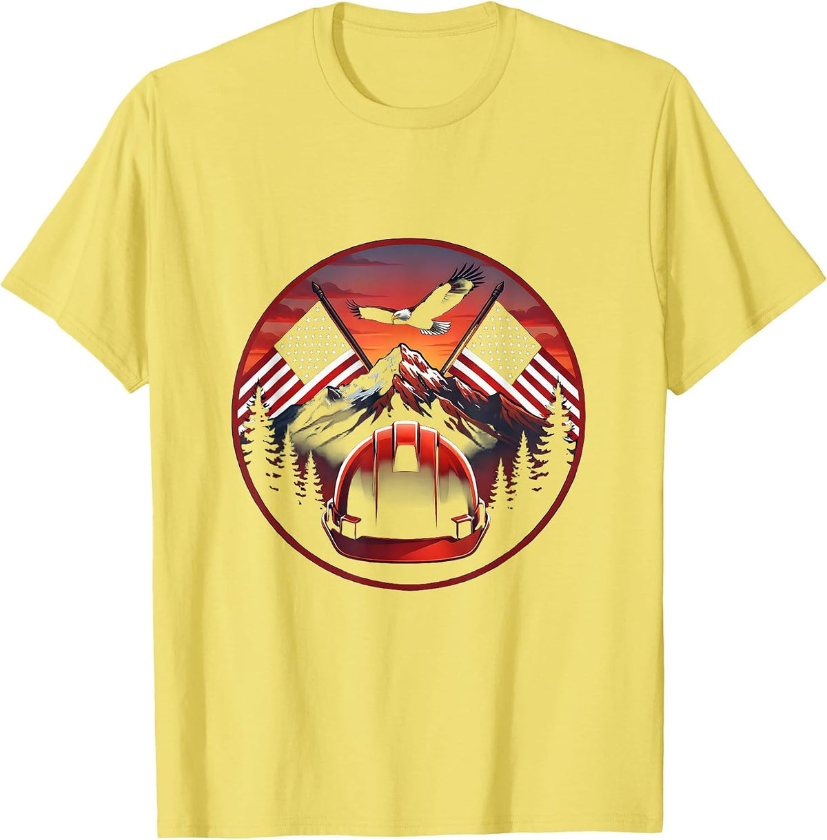 Men's Hard Hat Crossed American Flags Patriotic Design T-Shirt - Lemon Yellow