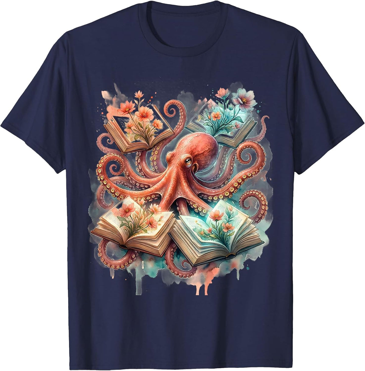 Neurodiversity Octopus Reading Books Illustration T-Shirt - Navy Blue