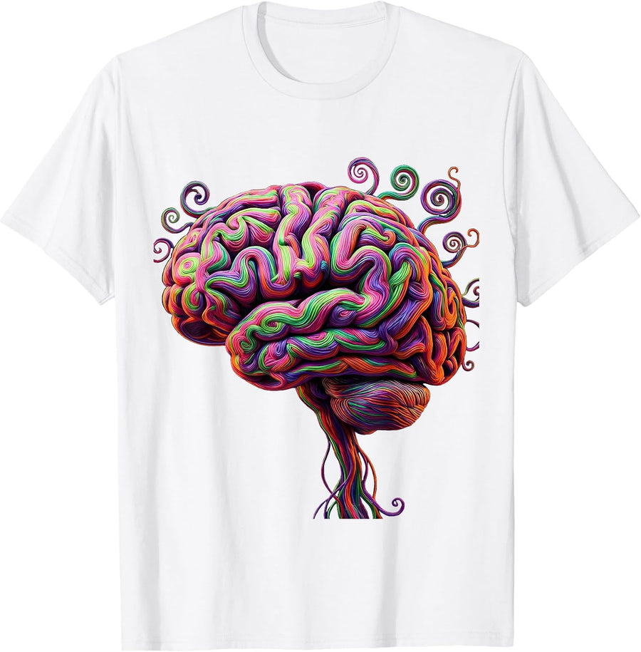 Rainbow Brain Neurodiversity Art Design T-Shirt - White