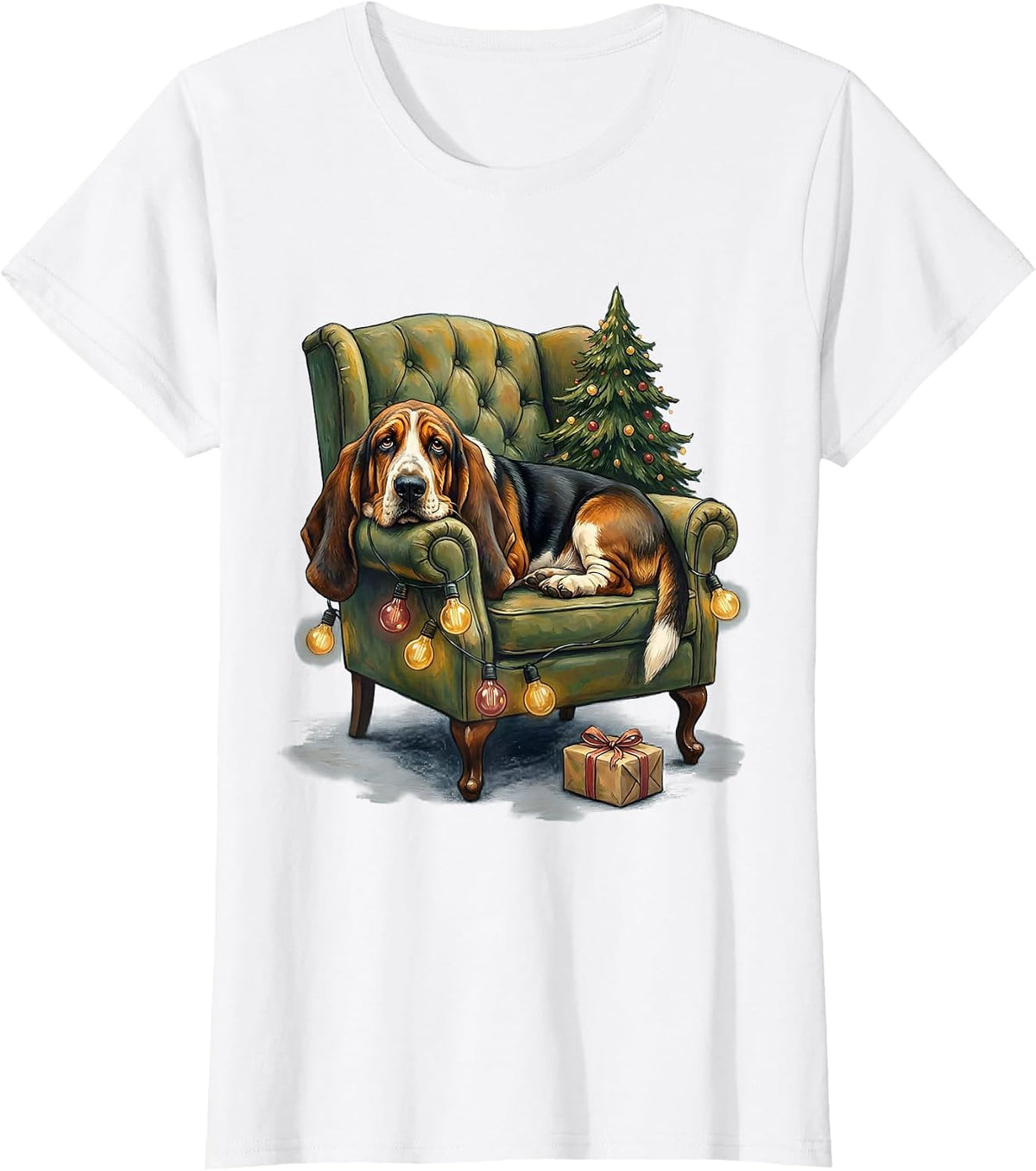 Women's Basset Hound Christmas Lights Storybook Holiday Dog Lover T-Shirt - White