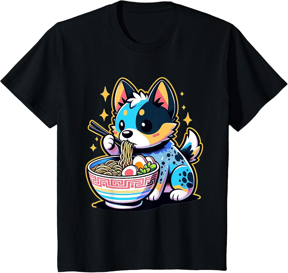 Kawaii Anime Blue Heeler Dog Ramen T-Shirt - Black