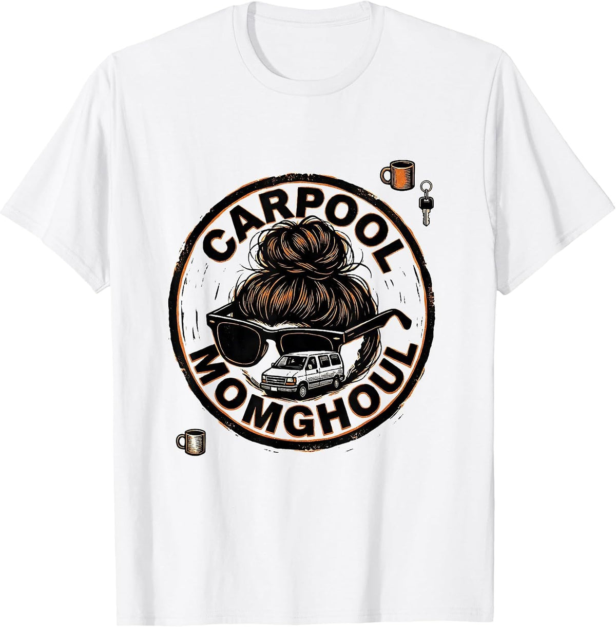 Men's Carpool Momghoul Linocut Funny Halloween Messy Bun Momster T-Shirt - White