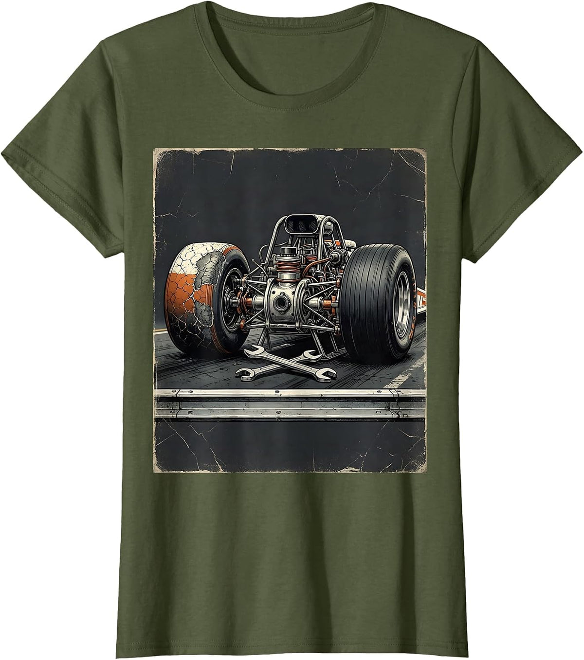 Women's Dragster Rear Axle Racing Fan Distressed T-Shirt - Olive Green
