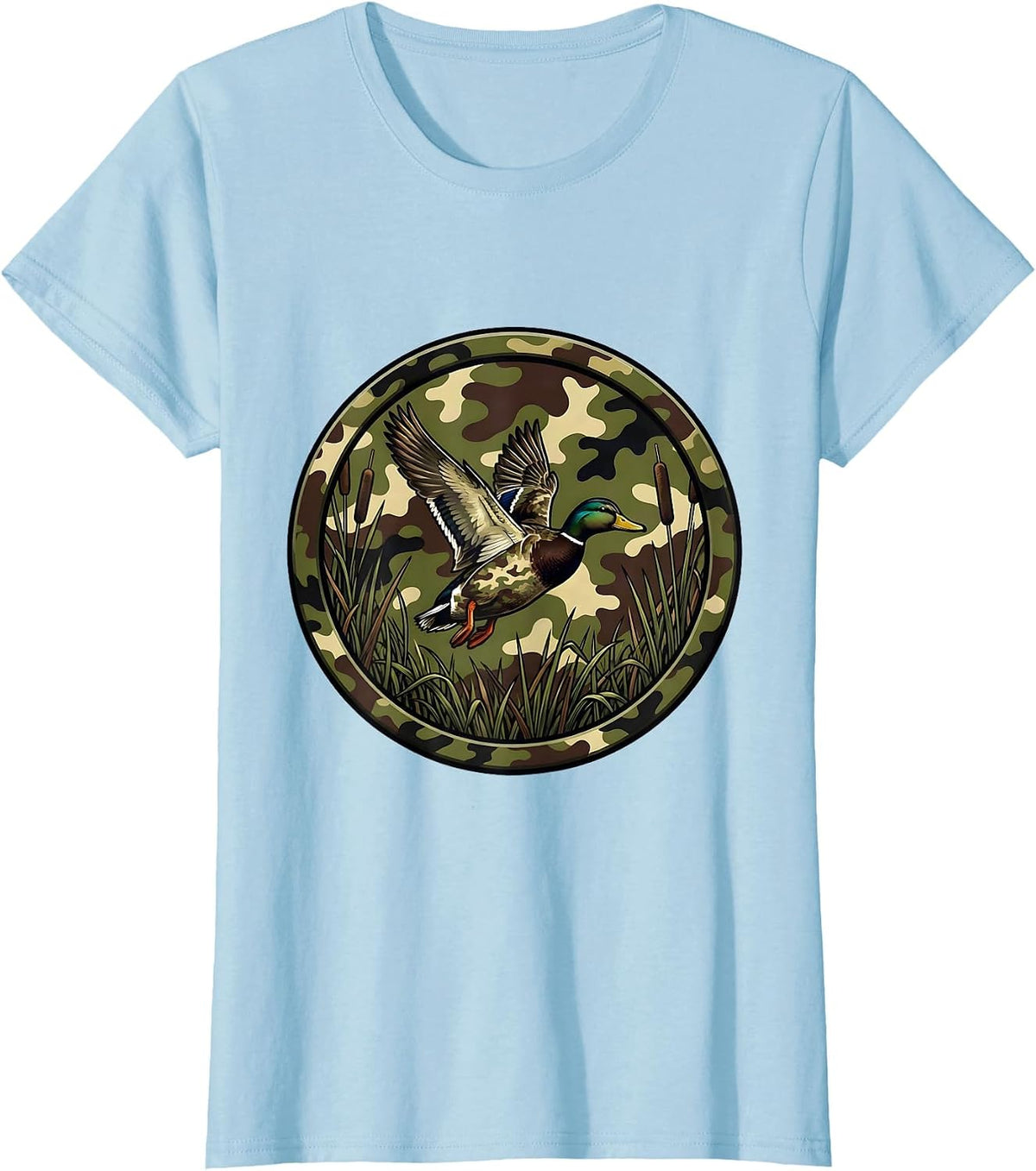Duck Flying Over Misty Camo Marsh Illustration T-Shirt - Baby Blue