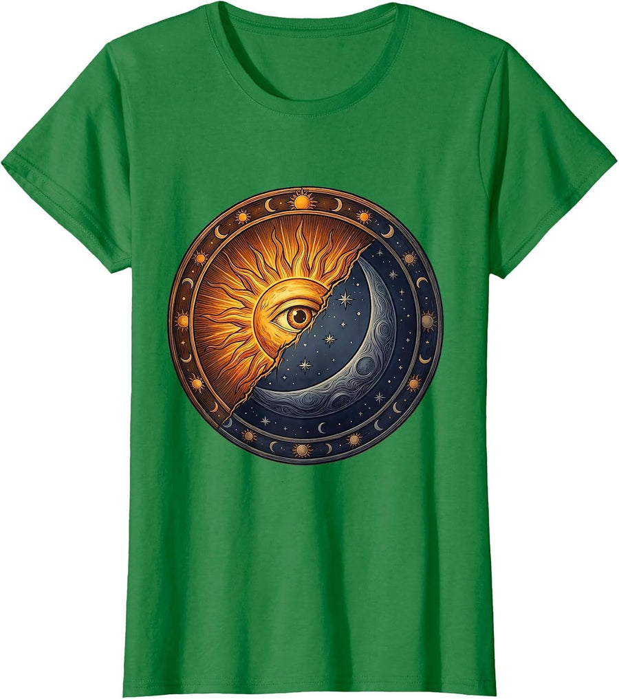 Women's Neurodiversity Sun Moon Celestial Fusion Design T-Shirt - Kelly Green