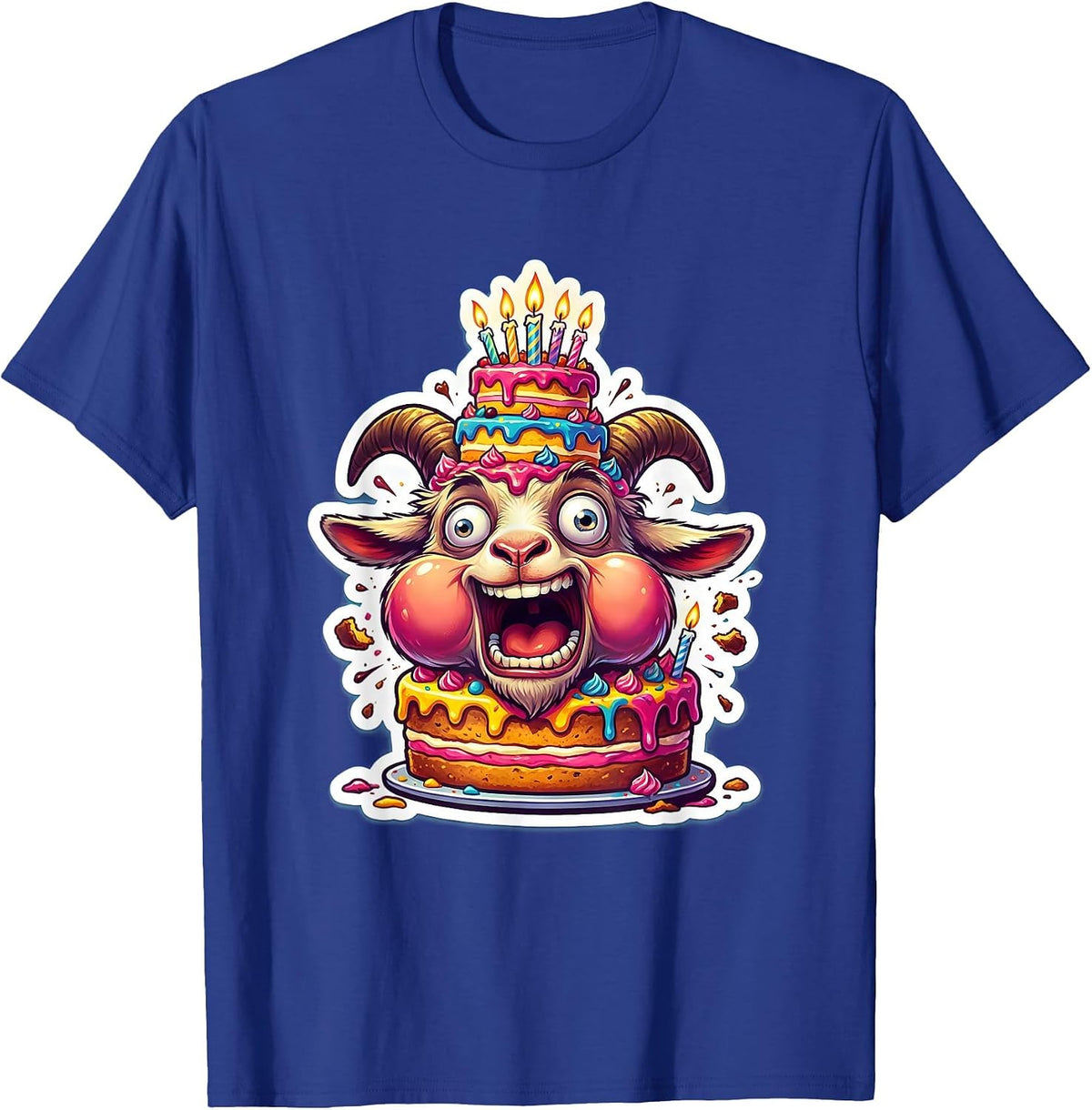 Men's Funny Goat Eating Birthday Cake Illustration T-Shirt - Royal Blue