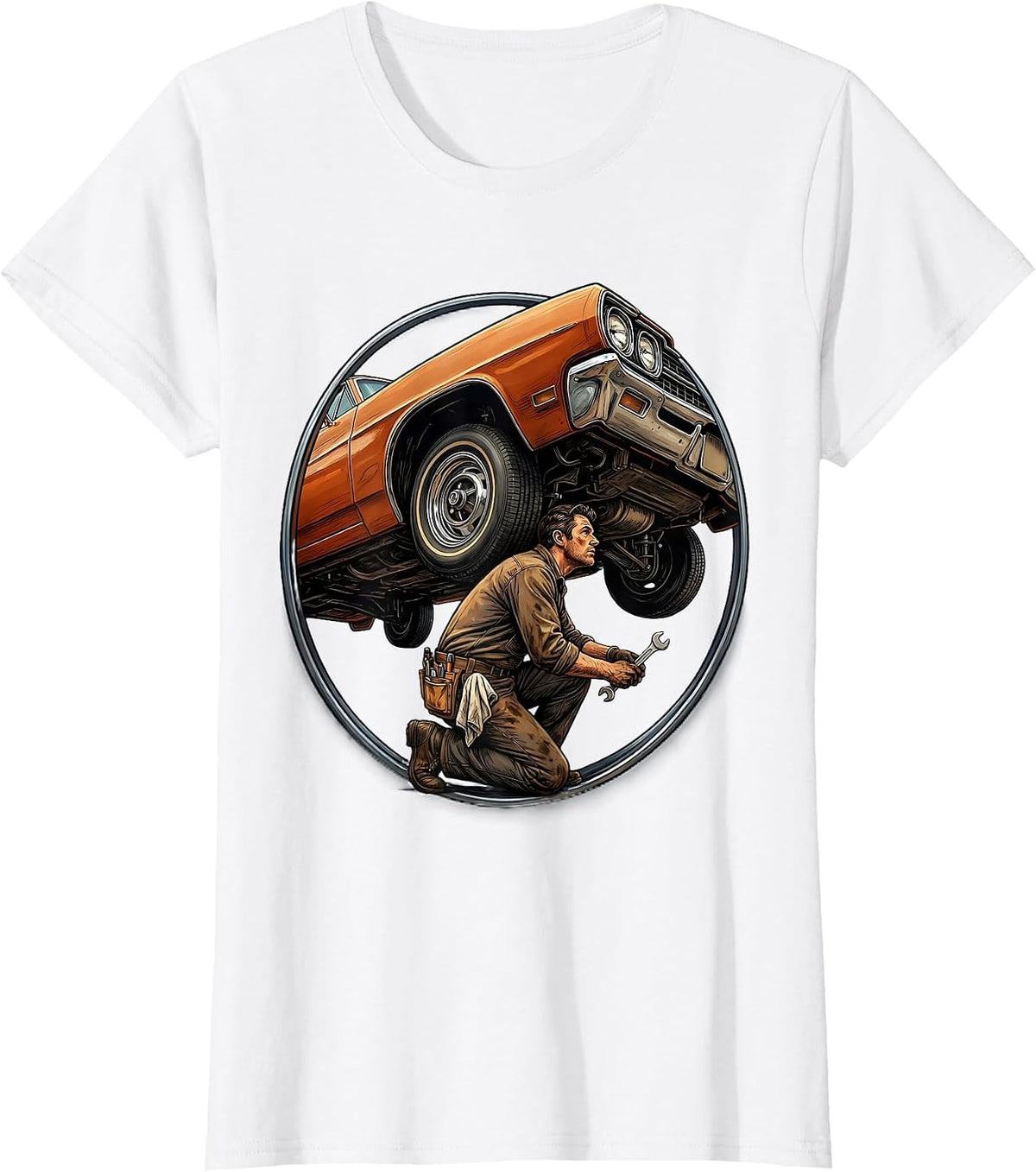 Mechanic Crouching Under Classic Car Illustration T-Shirt - White