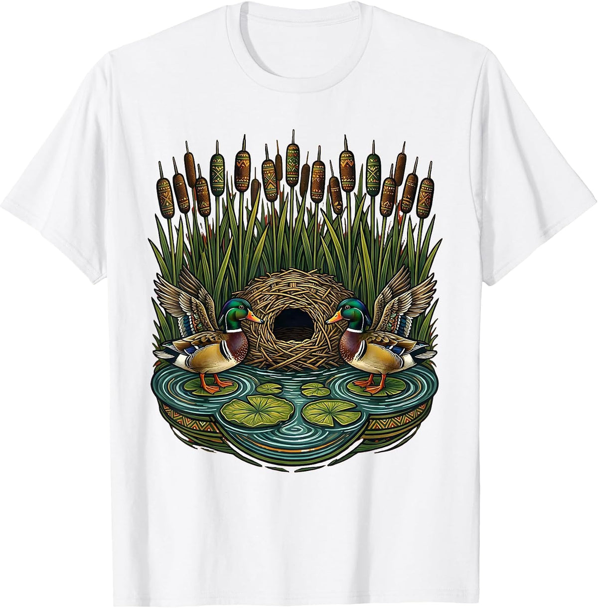 Men's Duck Blind Cattails Hidden Marsh Hunting Illustration T-Shirt - White