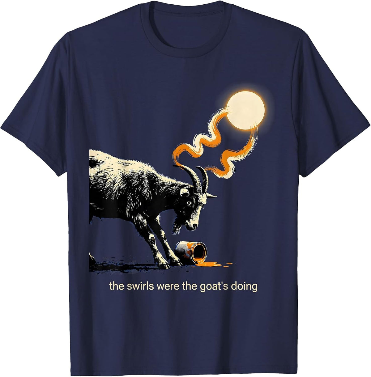 The swirls were the goat's doing Whimsical Humor Animal T-Shirt - Navy Blue