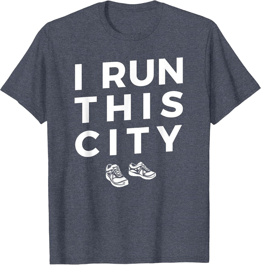 I Run This City Running T-Shirt, Funny Runner Graphic Tee - Heather Blue