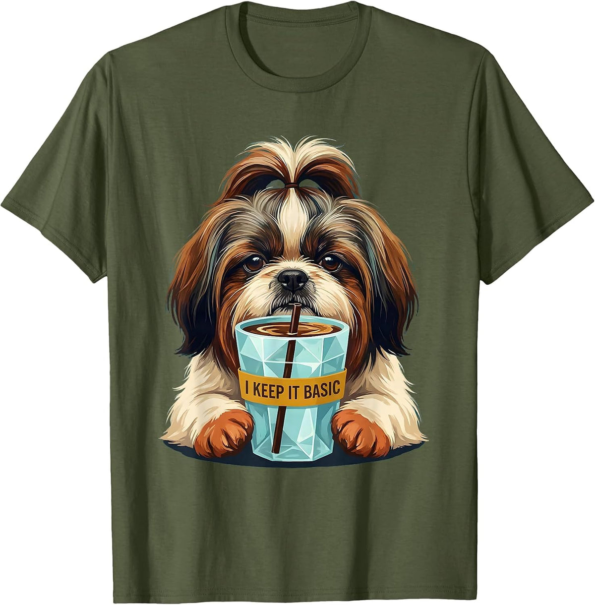 I Keep It Basic Funny Shih Tzu Dog Lover Iced Coffee Humor T-Shirt - Olive Green