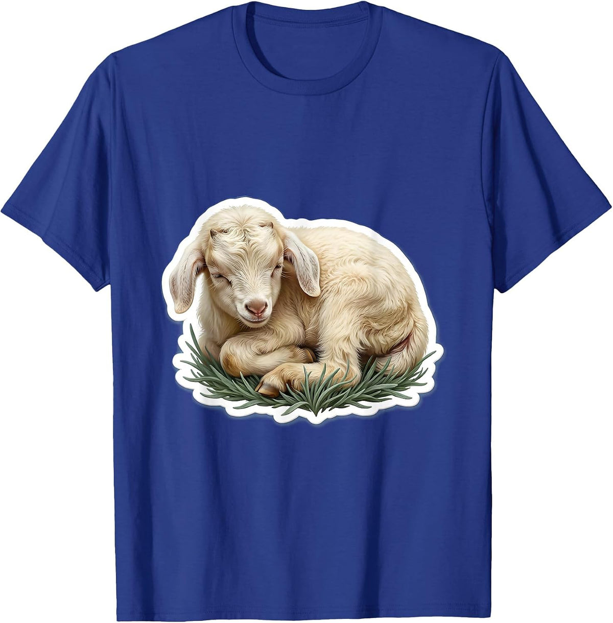Men's Sleeping Baby Goat Curled Up in Grass T-Shirt - Royal Blue