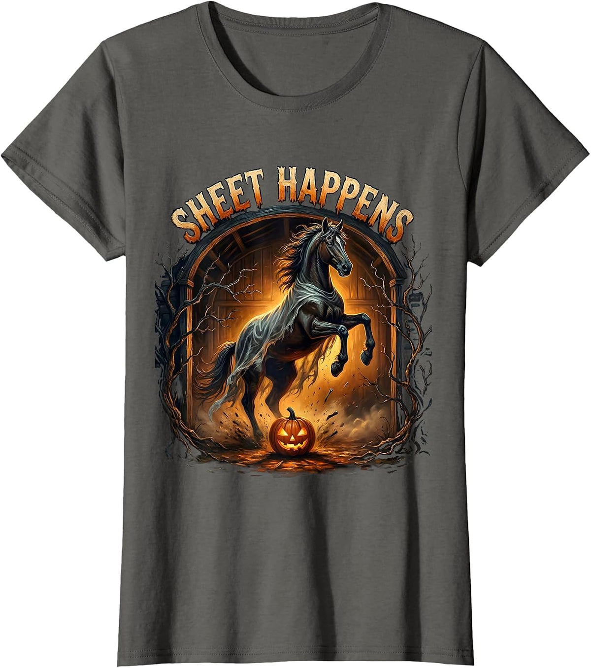 Women's Sheet Happens Gothic Horror Halloween Horse Lover Equestrian T-Shirt - Asphalt Grey
