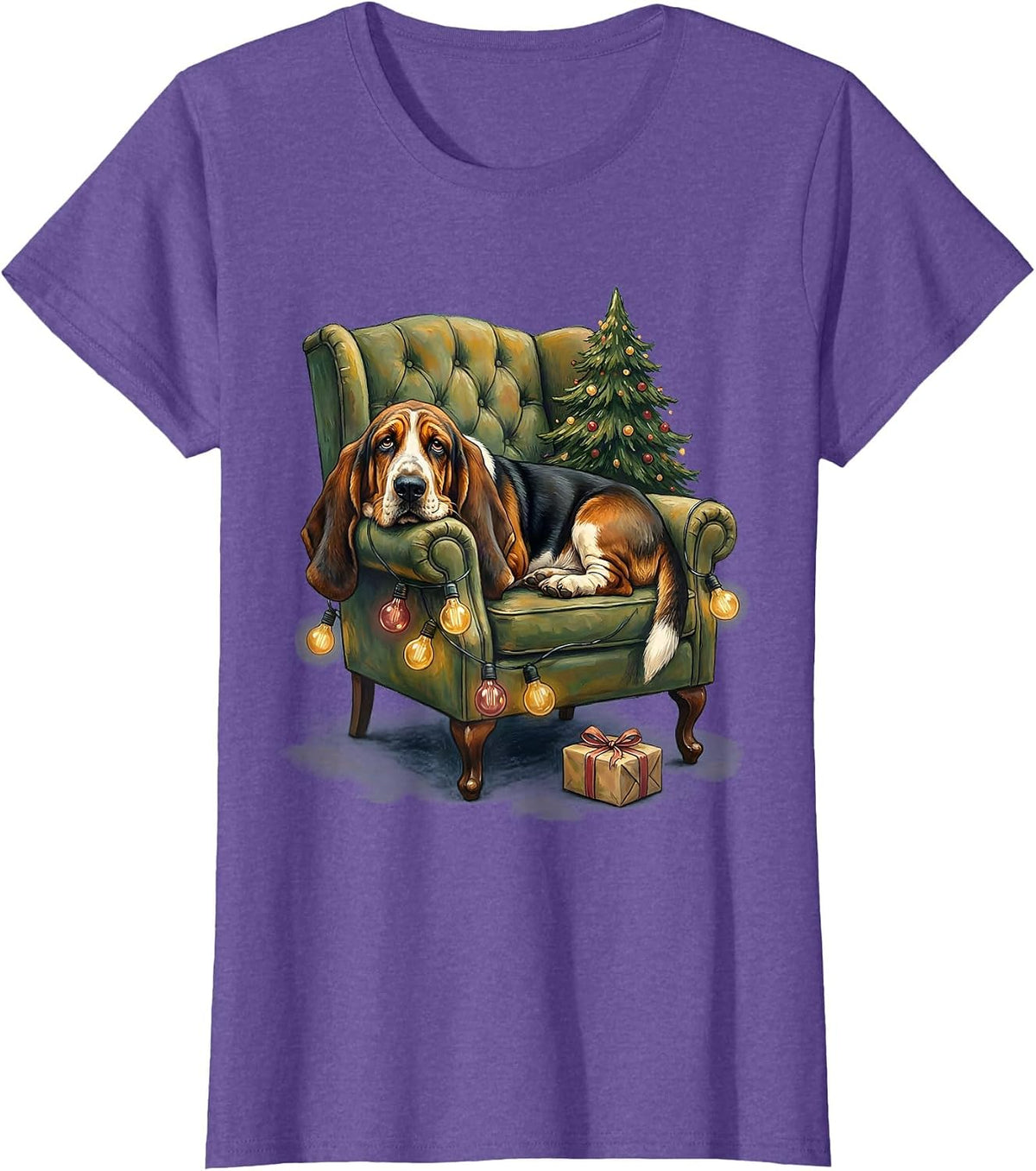 Women's Basset Hound Christmas Lights Storybook Holiday Dog Lover T-Shirt - Purple Heather