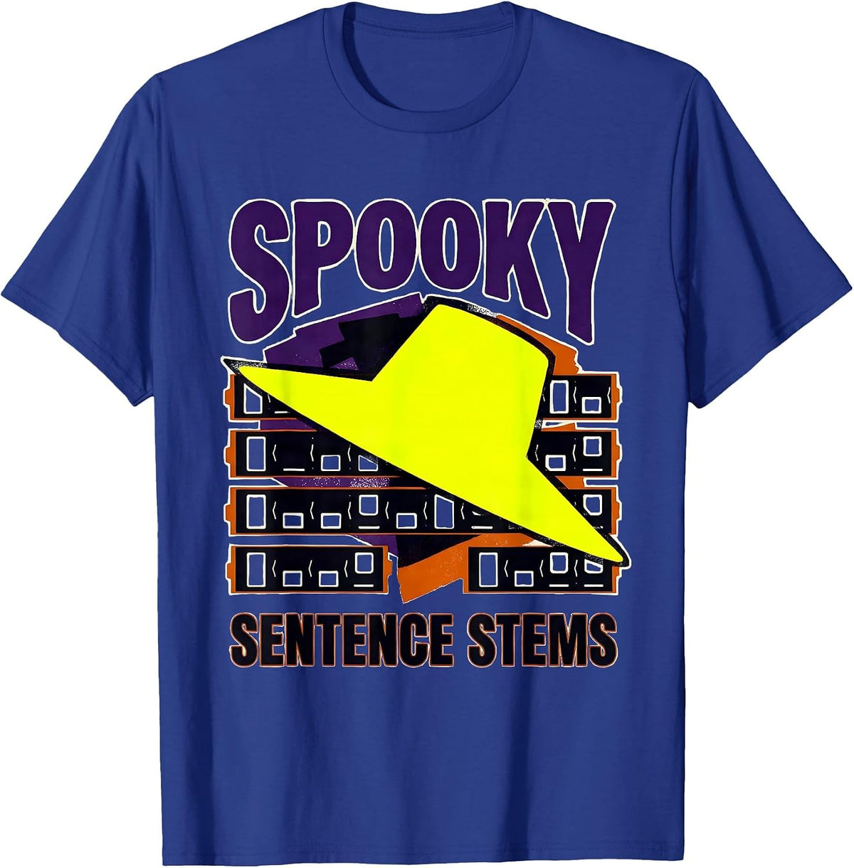 Spooky Sentence Stems Stencil Graphic Teacher Halloween T-Shirt - Royal Blue