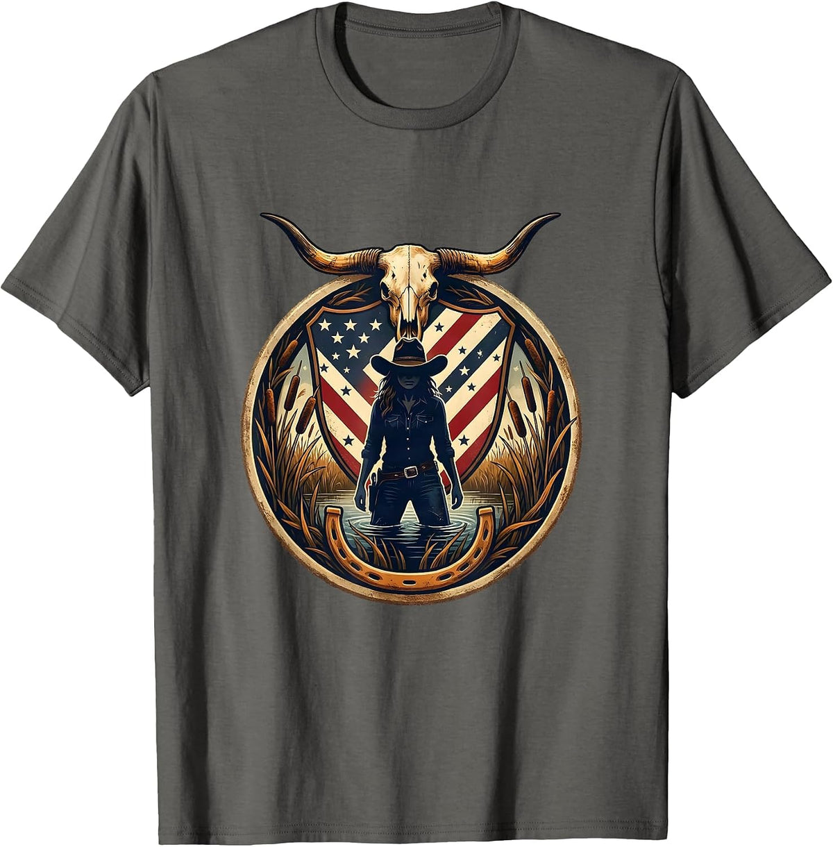 Camo Hunter Standing in Marsh Reeds Illustration T-Shirt - Asphalt Grey