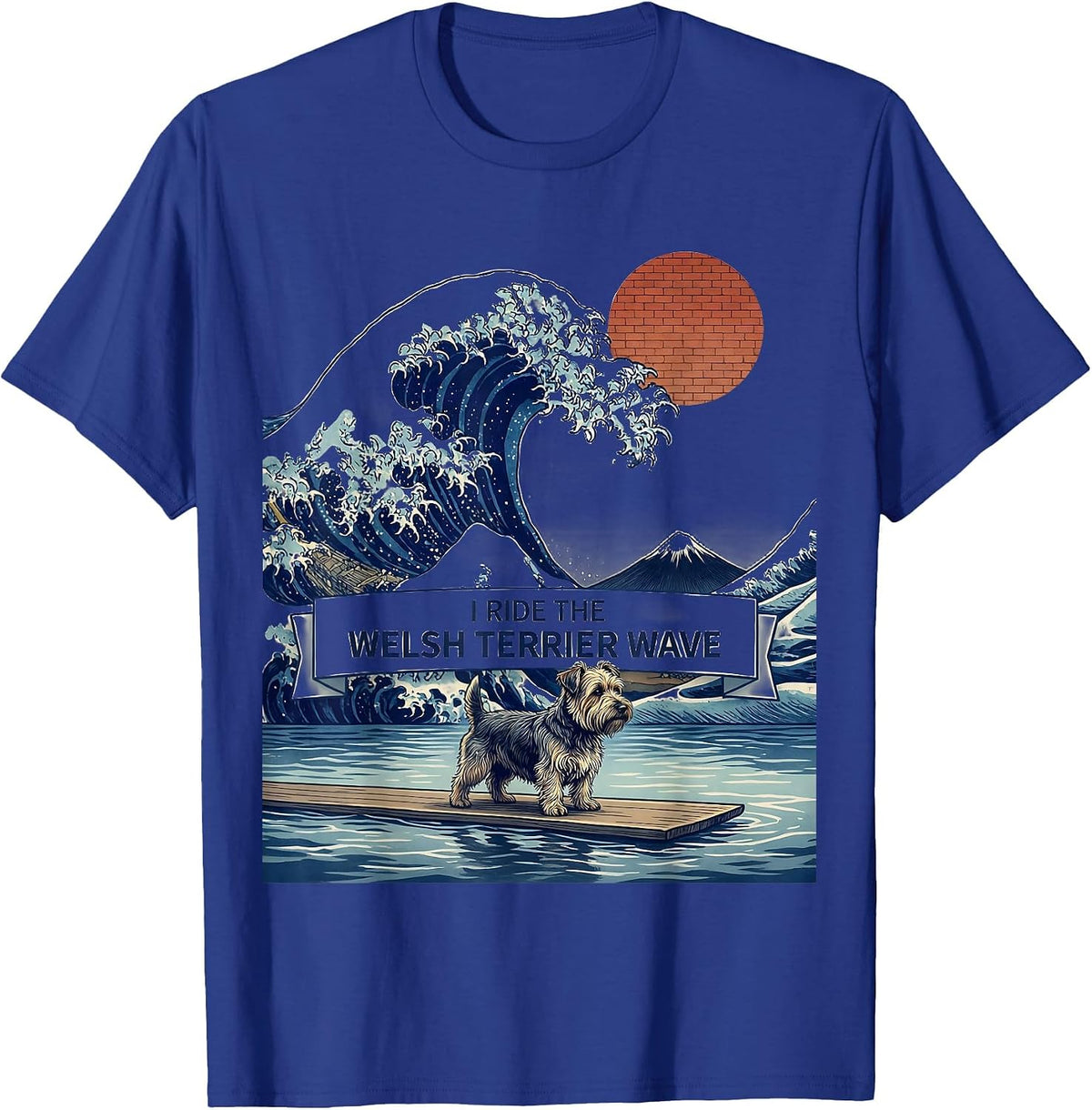 Men's I Ride The Welsh Terrier Wave Ukiyo-e Dog Breed Surfing T-Shirt - Royal Blue