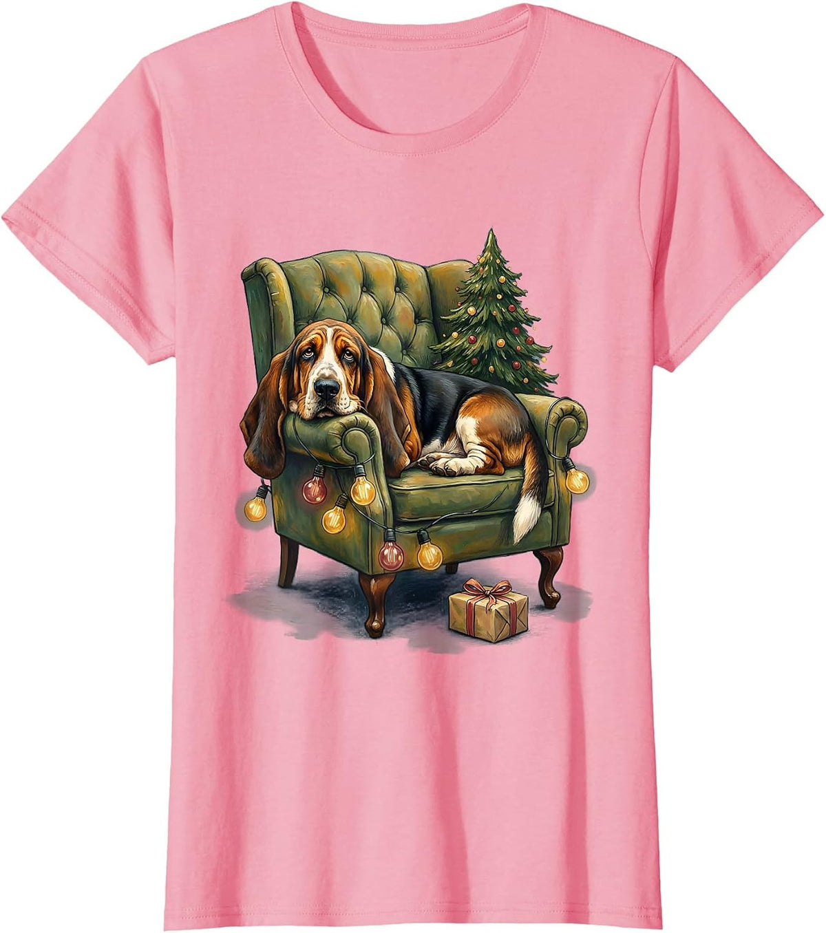 Women's Basset Hound Christmas Lights Storybook Holiday Dog Lover T-Shirt - Pink