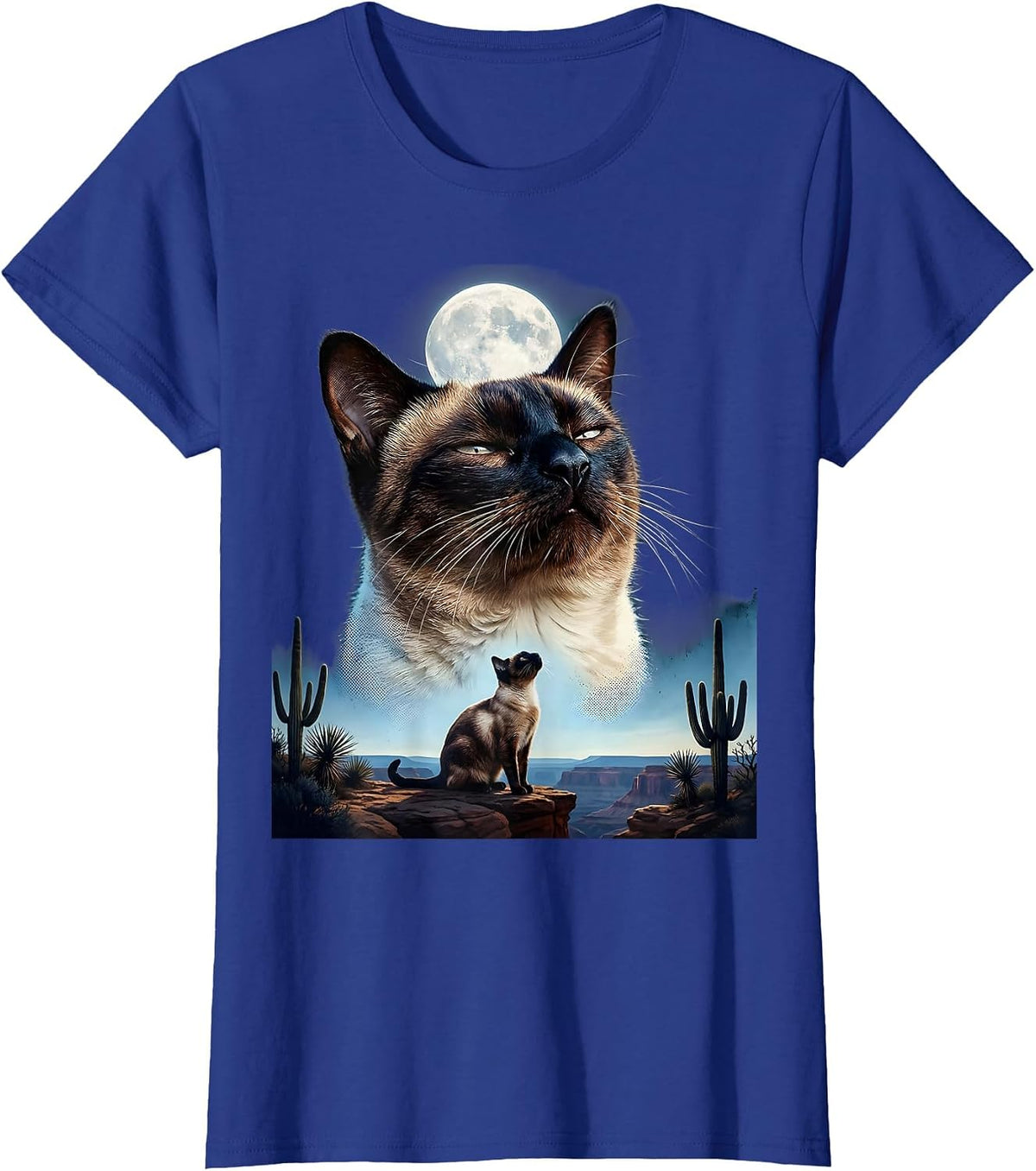 Women's Siamese Cat Howling at Moon 90's Retro T-Shirt - Royal Blue