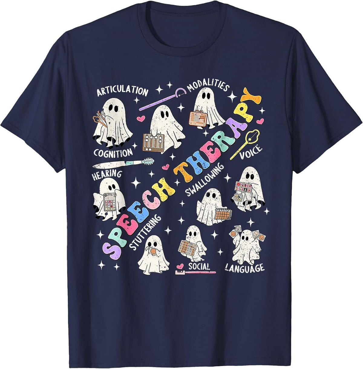 Speech Therapy Retro Groovy Funny Halloween Ghost Therapist T-Shirt - Navy Blue