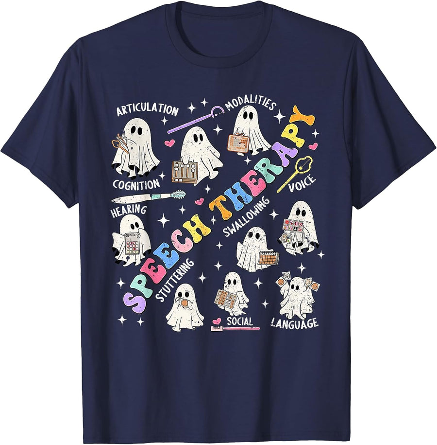 Speech Therapy Retro Groovy Funny Halloween Ghost Therapist T-Shirt - Navy Blue