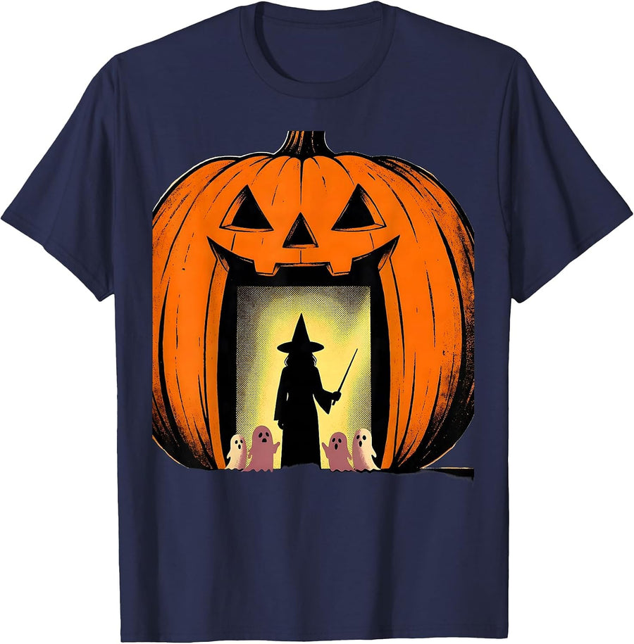 Pumpkin Classroom Door Cute Teacher Halloween Ghost T-Shirt - Navy Blue