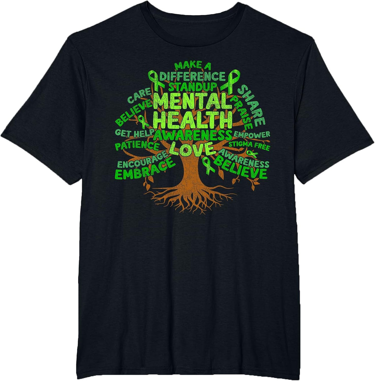 Motivational Support Green Tree Mental Health Awareness T-Shirt - Black