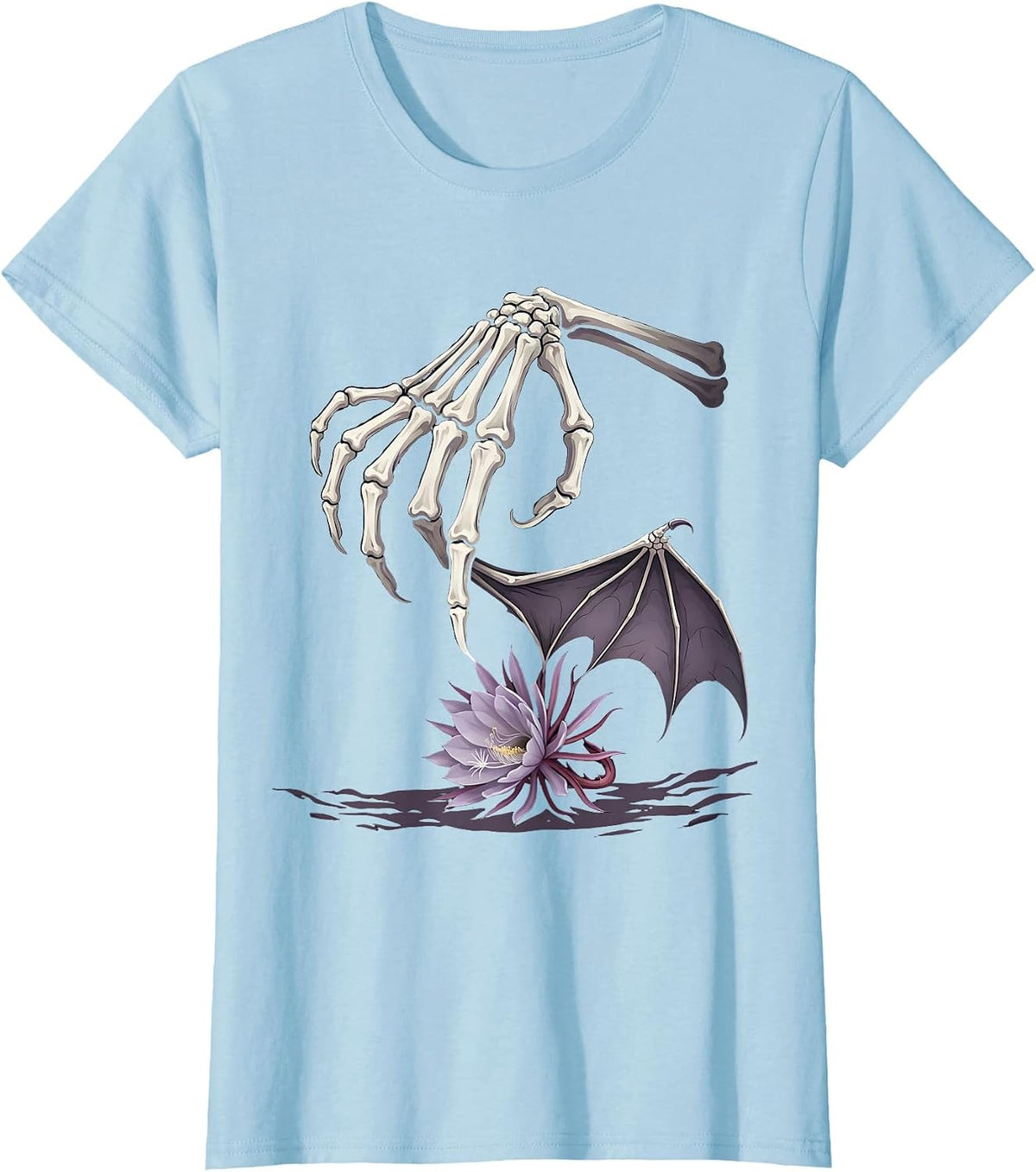 Women's Skeletal Bat Hand Gothic Nature Conservation Halloween T-Shirt - Baby Blue