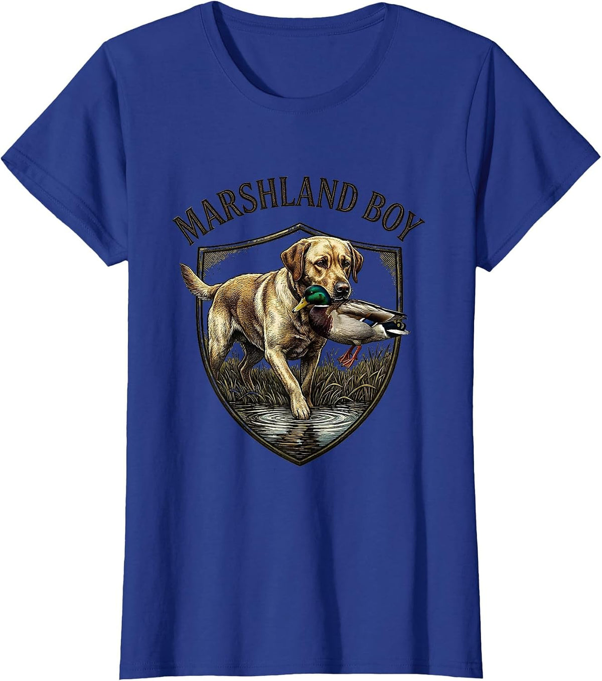 Women's Marshland Boy Vintage Emblem Labrador Duck Hunting Rural T-Shirt - Royal Blue