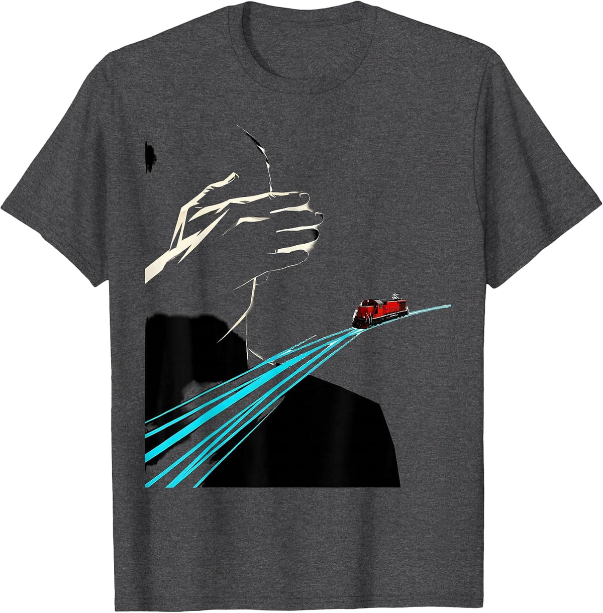 Men's Cropped Train Shading Locomotive Deadpan Humor T-Shirt - Dark Heather Grey