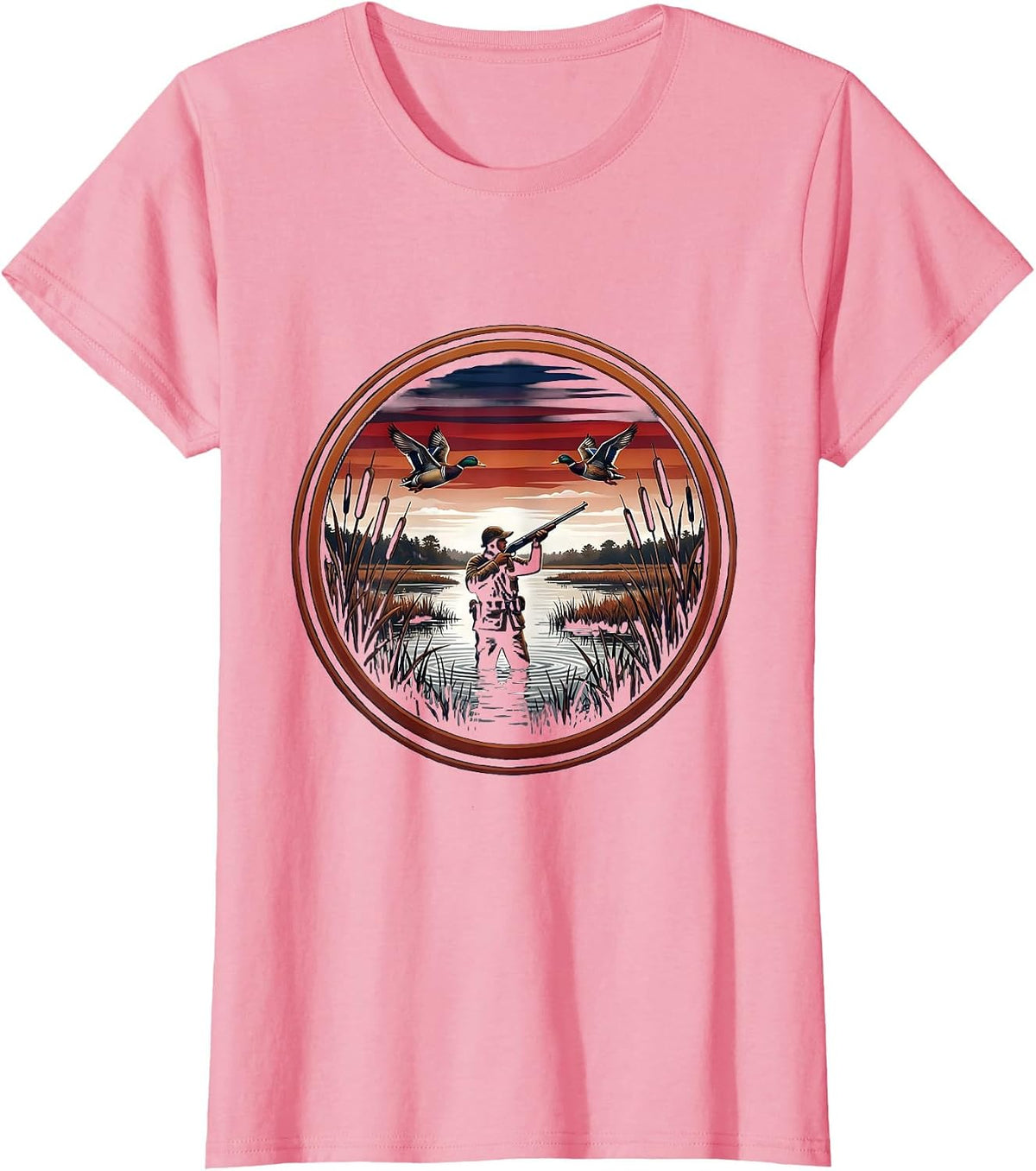 Women's Duck Hunter Rising from Marsh Reeds Illustration T-Shirt - Pink