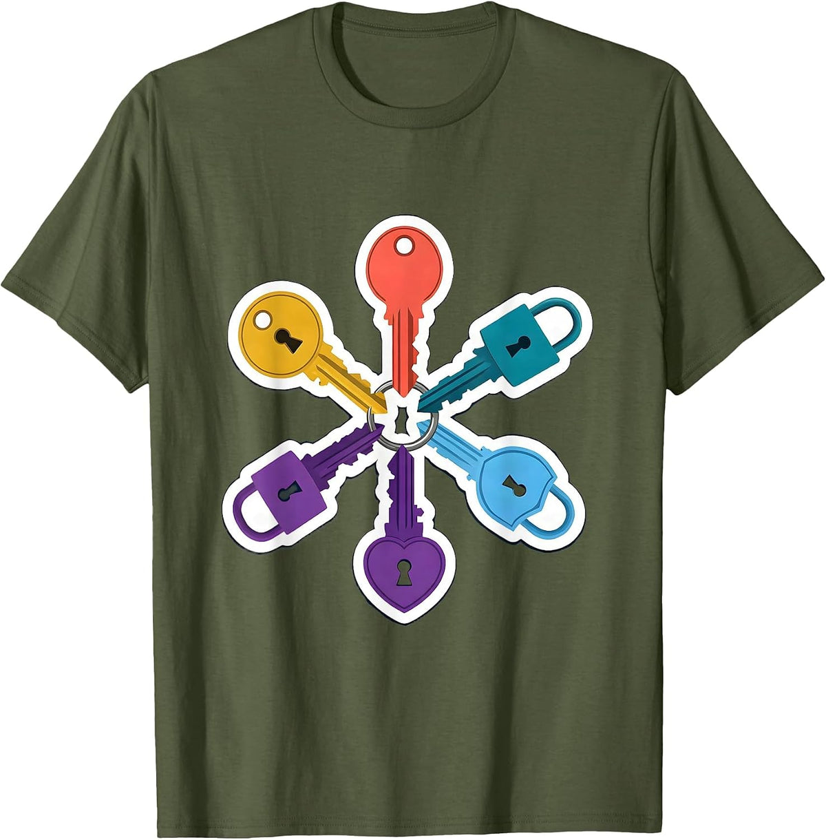 Neurodiversity Keys and Locks Graphic Design T-Shirt - Olive Green