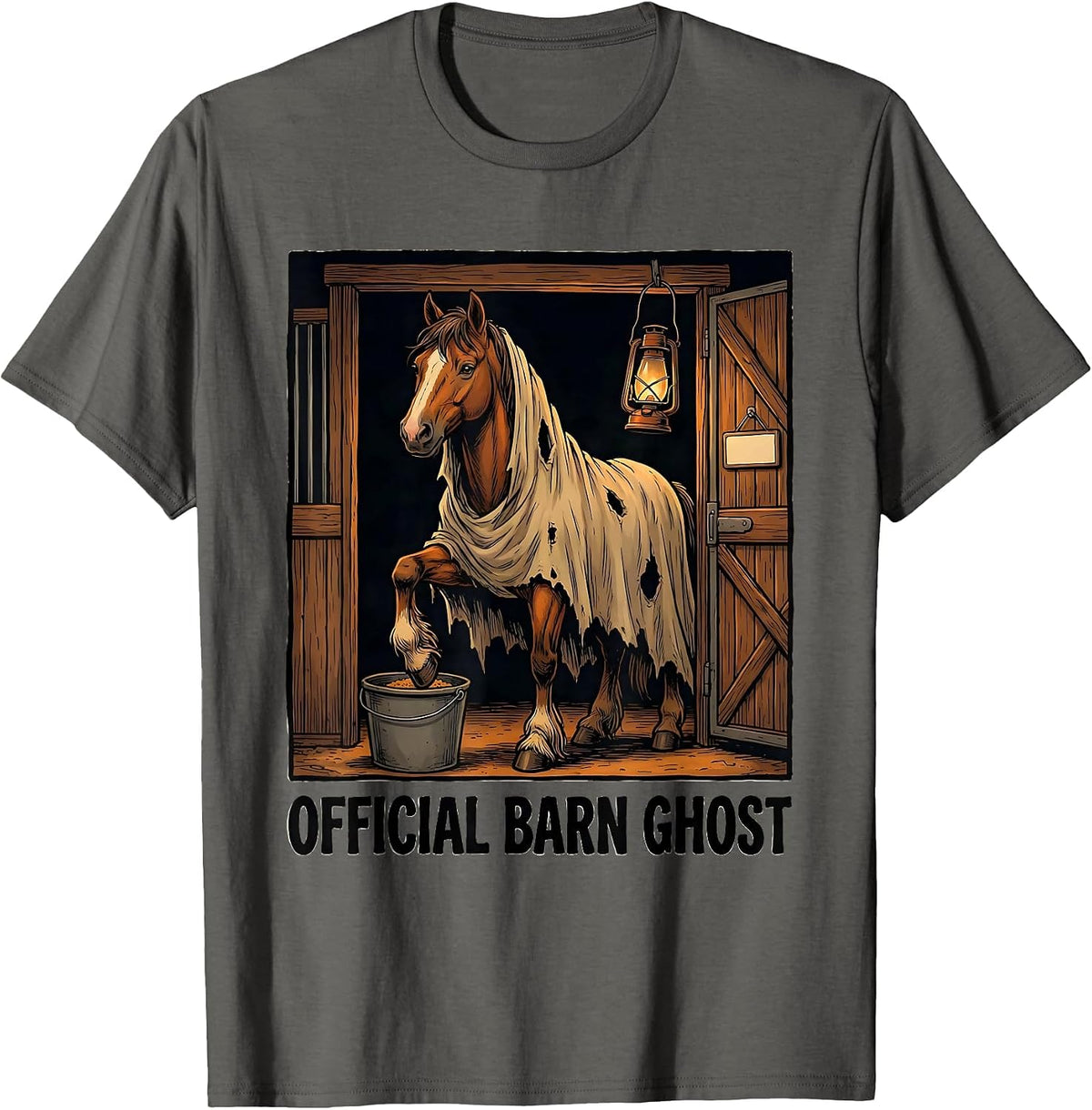 Official Barn Ghost Flat Cartoon Halloween Horse Lover Humor T-Shirt - Asphalt Grey
