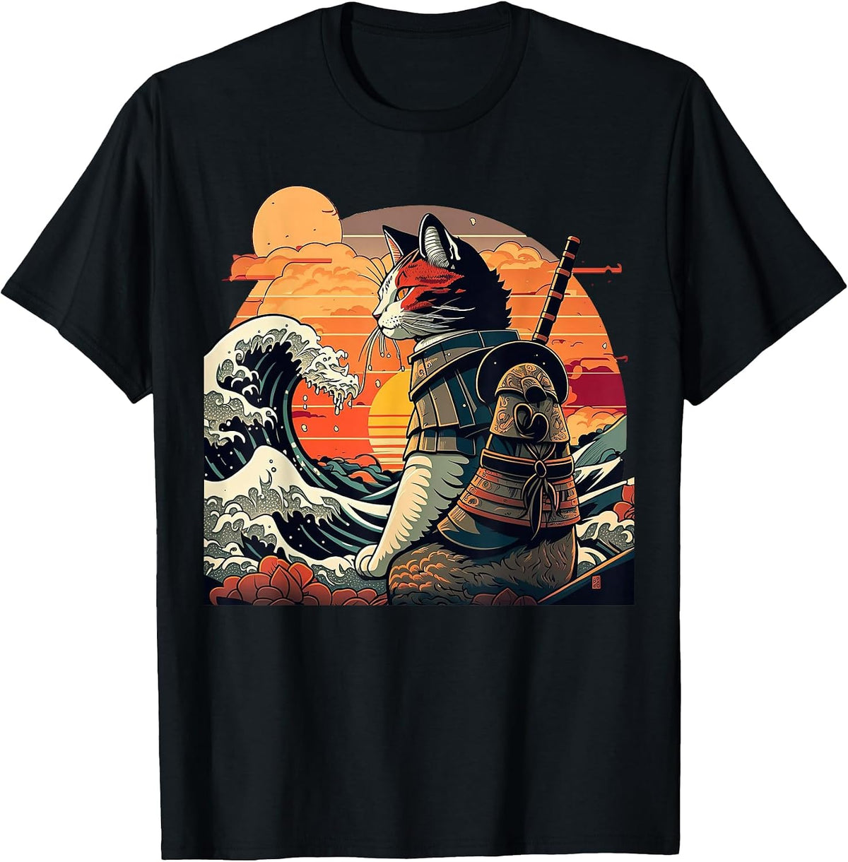 Japanese Retro Samurai cat The Great Wave by Hokusai T-Shirt - Black
