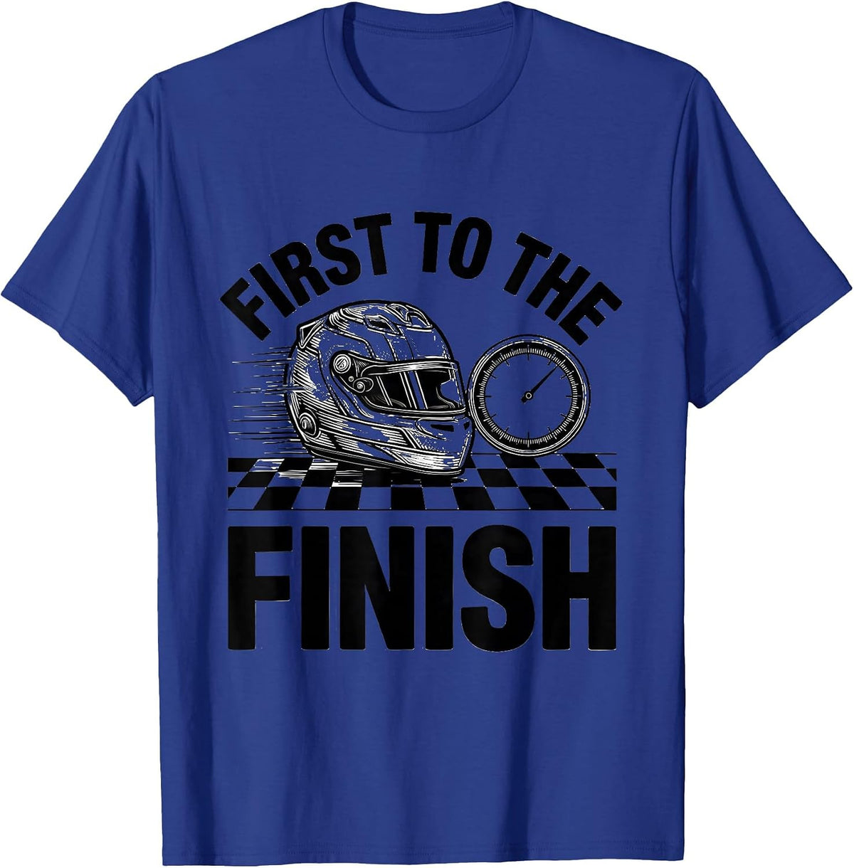 First To The Finish Racing Fan Checkered Flag Motorsport T-Shirt - Royal Blue