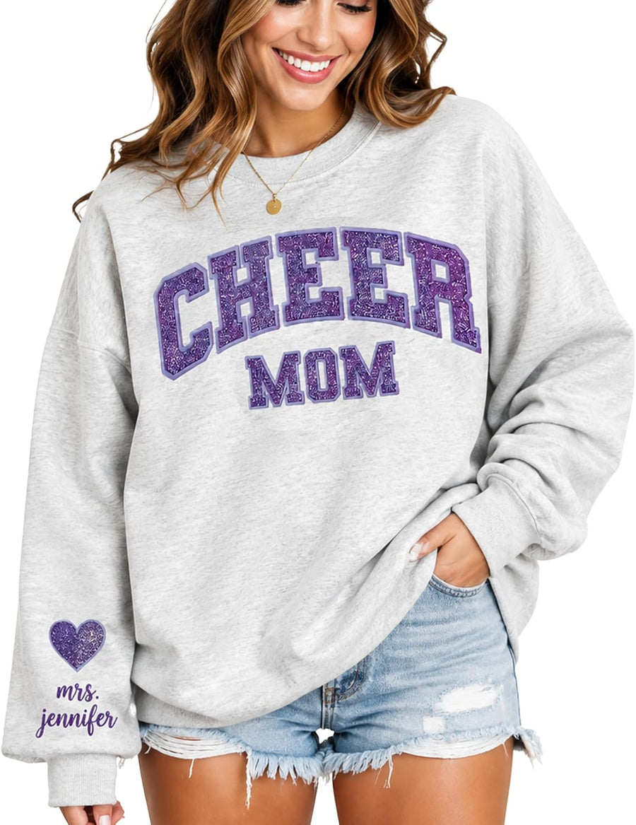 NAZENTI Personalized Custom Cheer Mom Sweatshirt, Glitter Embroidered Crewneck with Sleeve Name - Design 07