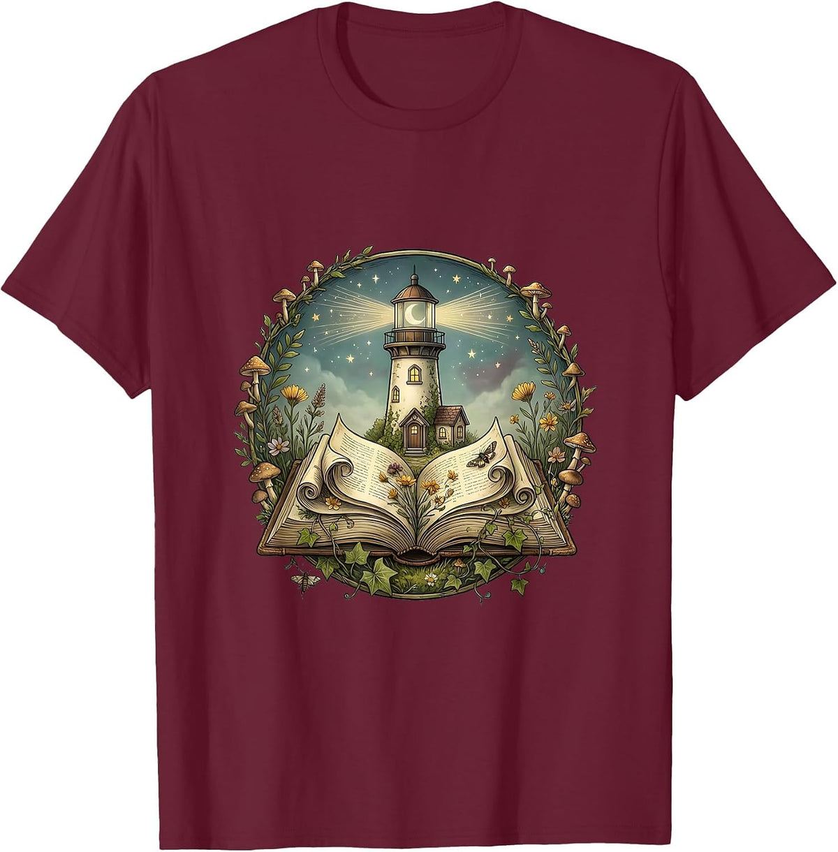 Men's Reading Teacher Lighthouse Book Illustration T-Shirt - Burgundy