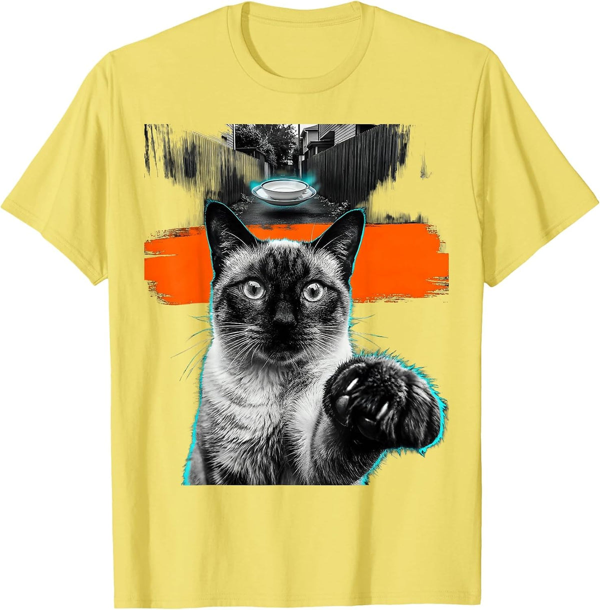 Men's Startled Siamese Cat UFO Alien Selfie Funny Cat Gifts T-Shirt - Lemon Yellow