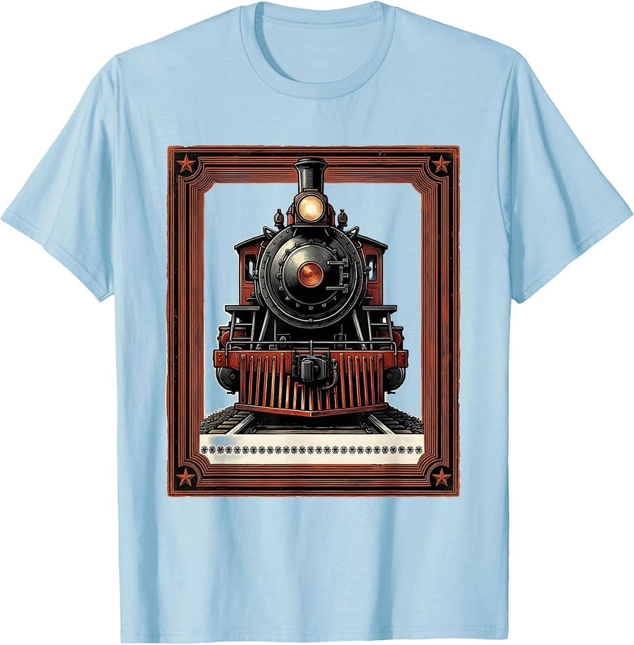 Men's Steam Locomotive Plate Vintage Train Enthusiast Gift T-Shirt - Baby Blue
