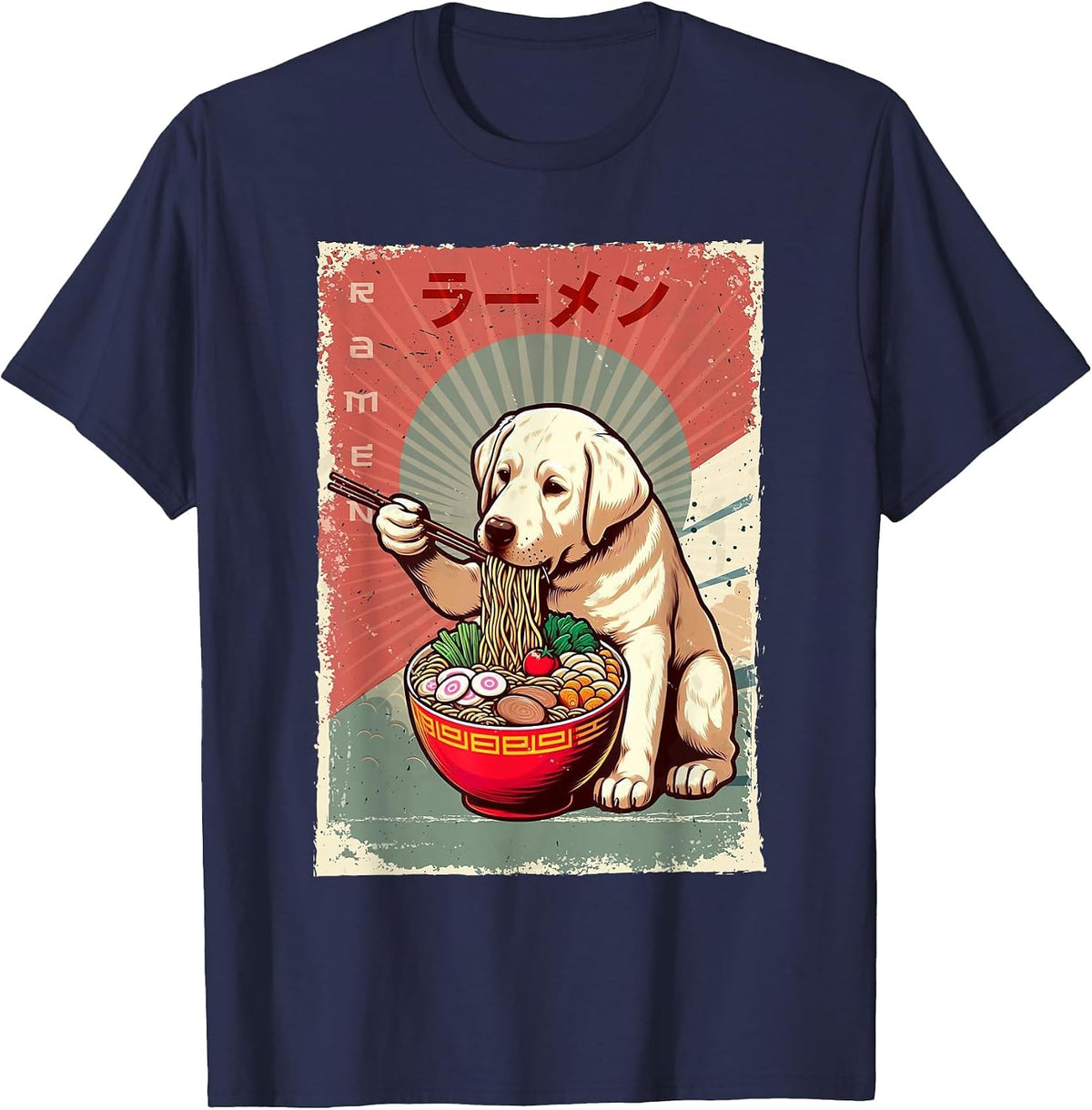 Labrador Dog Eating Ramen Japanese Noodles Soup T-Shirt - Navy Blue