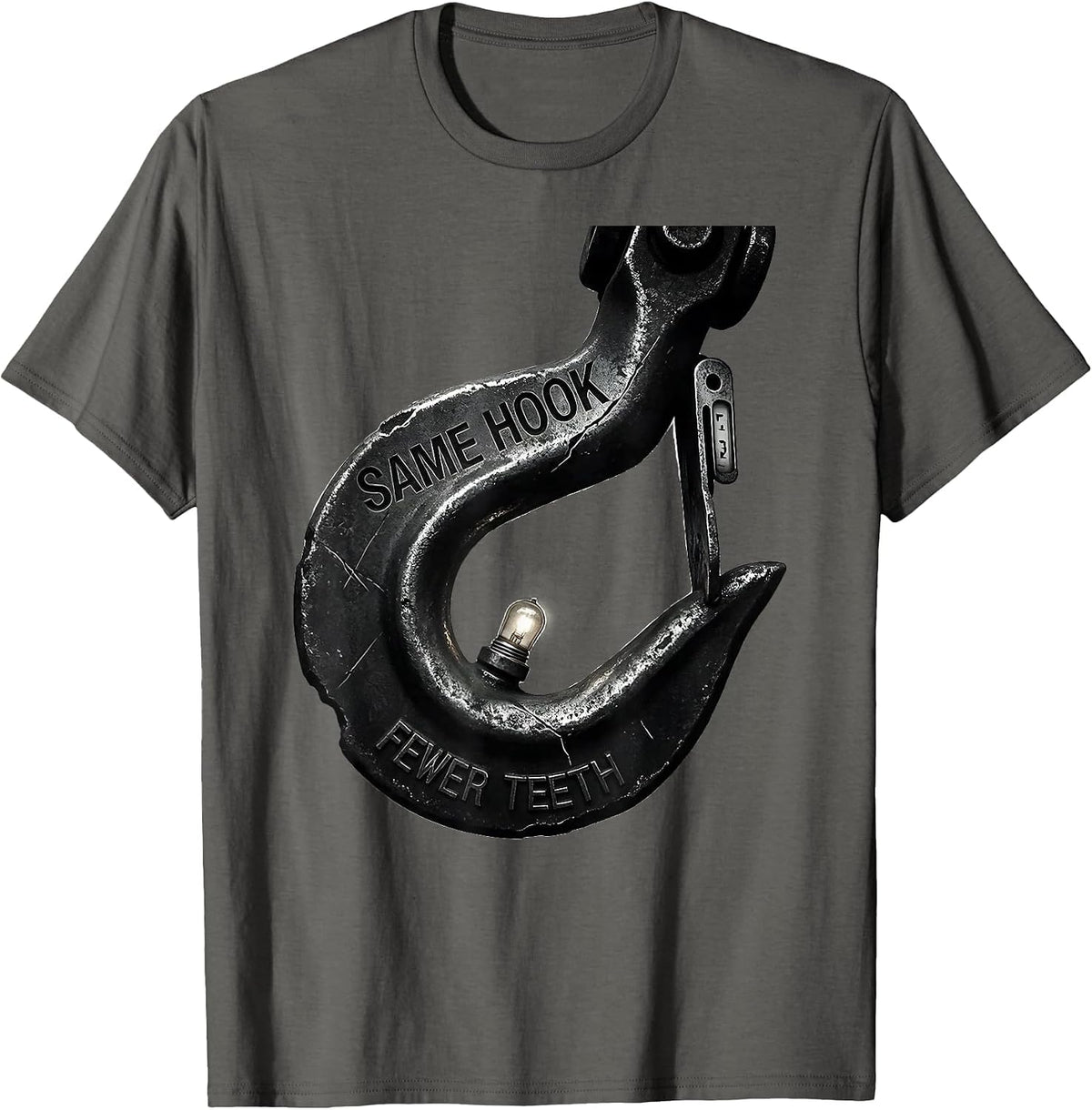 Men's Same Hook, Fewer Teeth Monochromatic Drag Racing Humor T-Shirt - Asphalt Grey