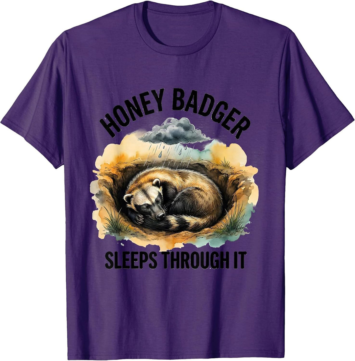 Honey Badger Sleeps Through It Funny Animal Humor T-Shirt - Purple