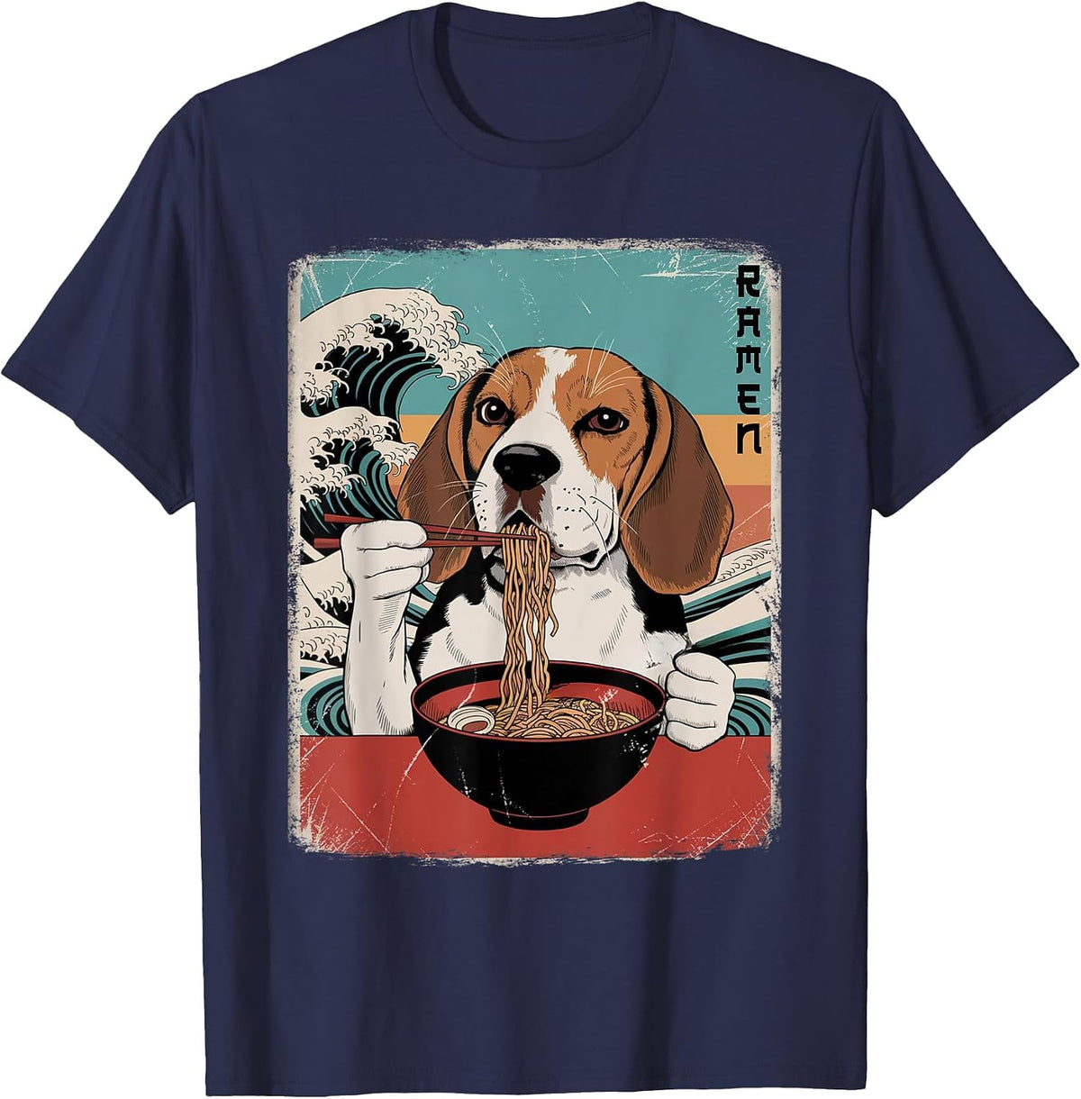 Beagle Eat Ramen Noodles Japanese Art Retro Ocean Waves T-Shirt - Navy Blue